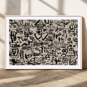 Abstract Love and Chaos Canvas Print, Black Symbols on Beige