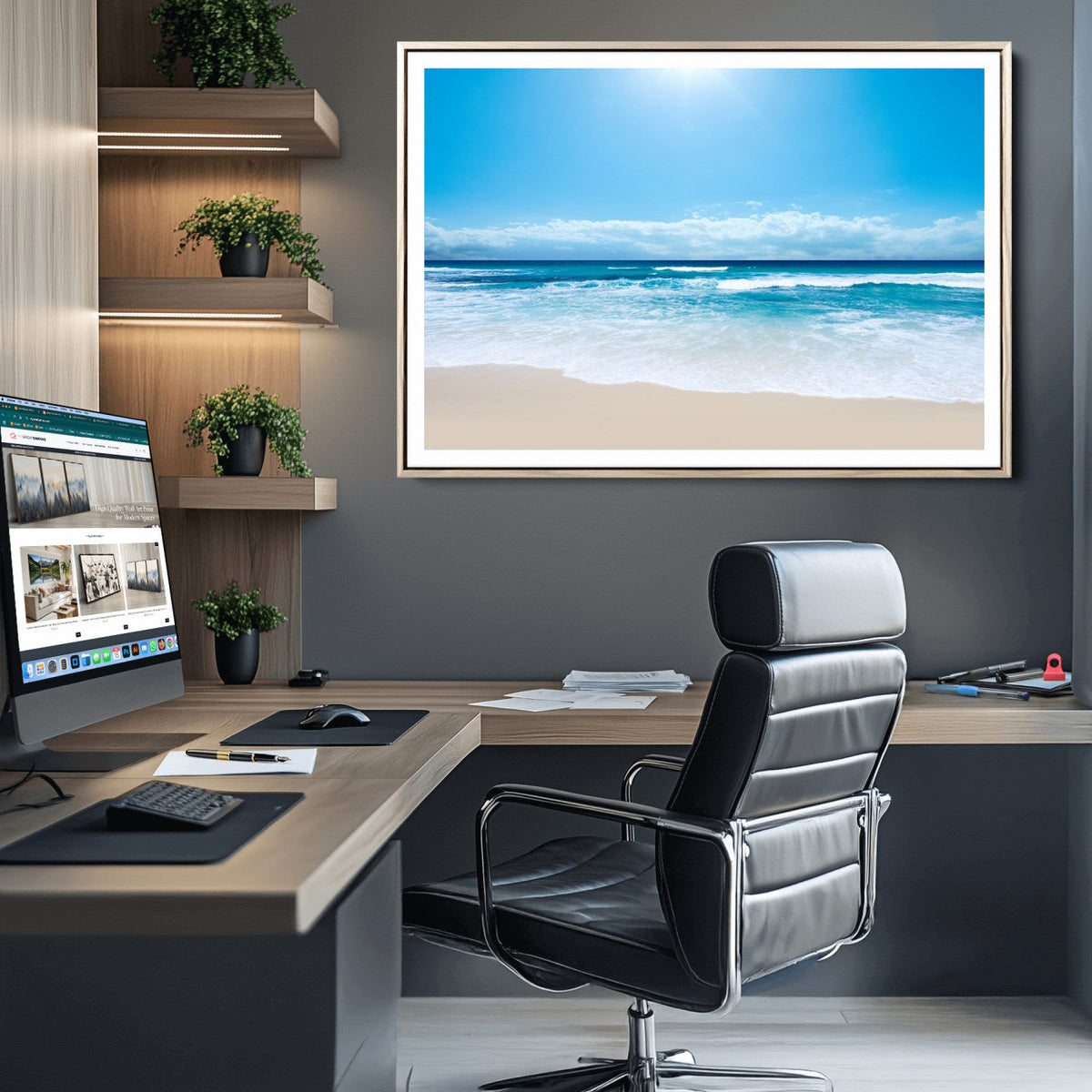 Wall Art Canvas Print Shiny Blue Sea and Beach