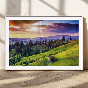 Green Hills and Sunset Wall Art Print - Scenic Landscape