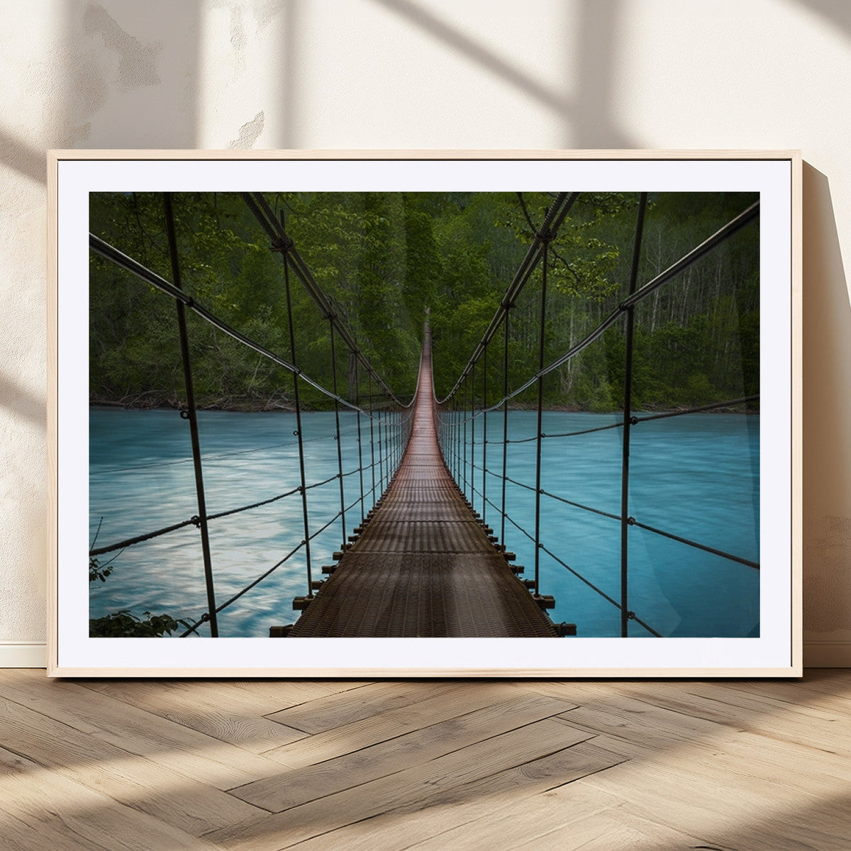 Suspension Bridge Over River Canvas Art | 3-Panel Nature