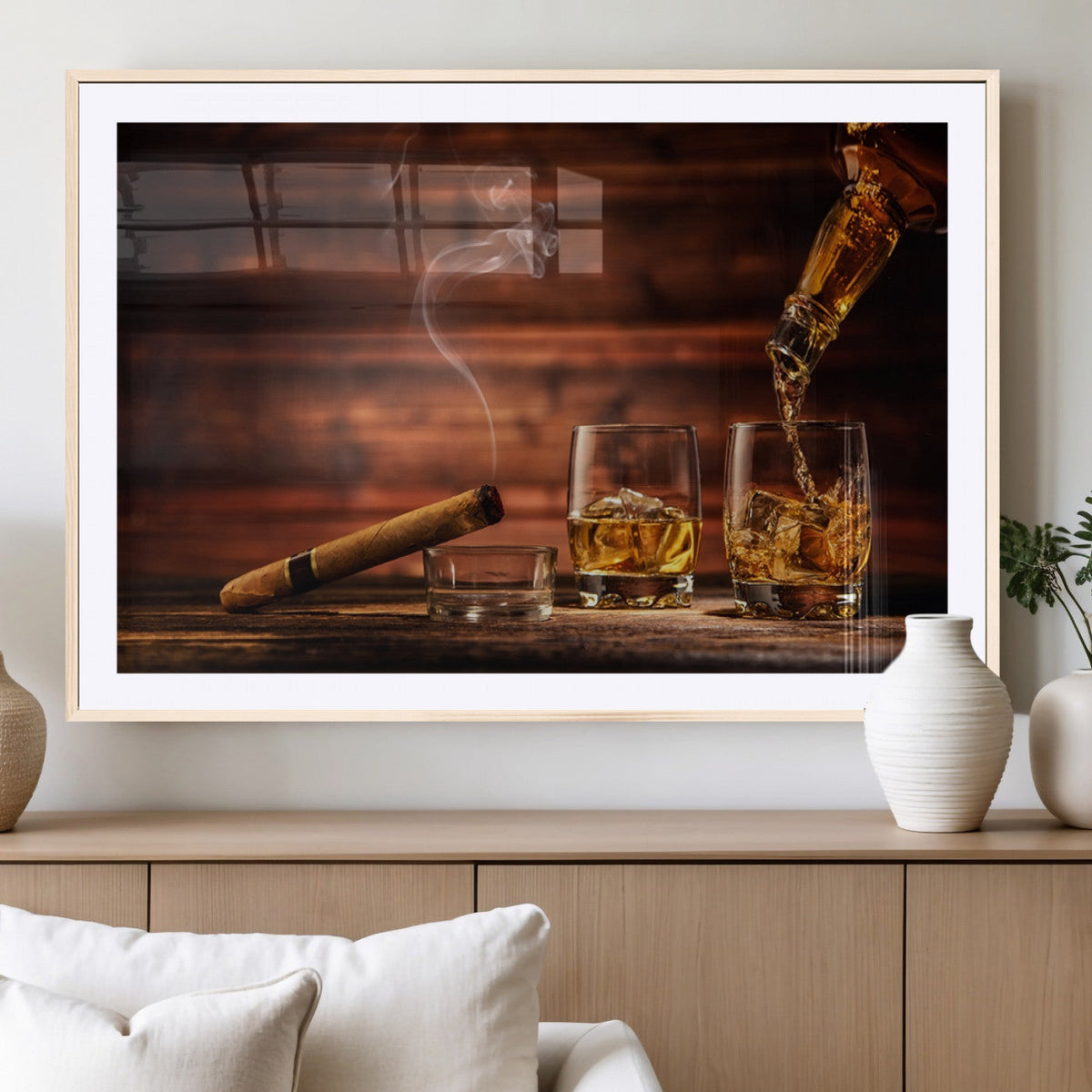 Whiskey and Cigar Wall Art Canvas | 3 Panel Bar Room Decor