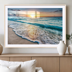 Sunset Beach Waves Canvas Wall Art – 5-Panel Ocean Sunset