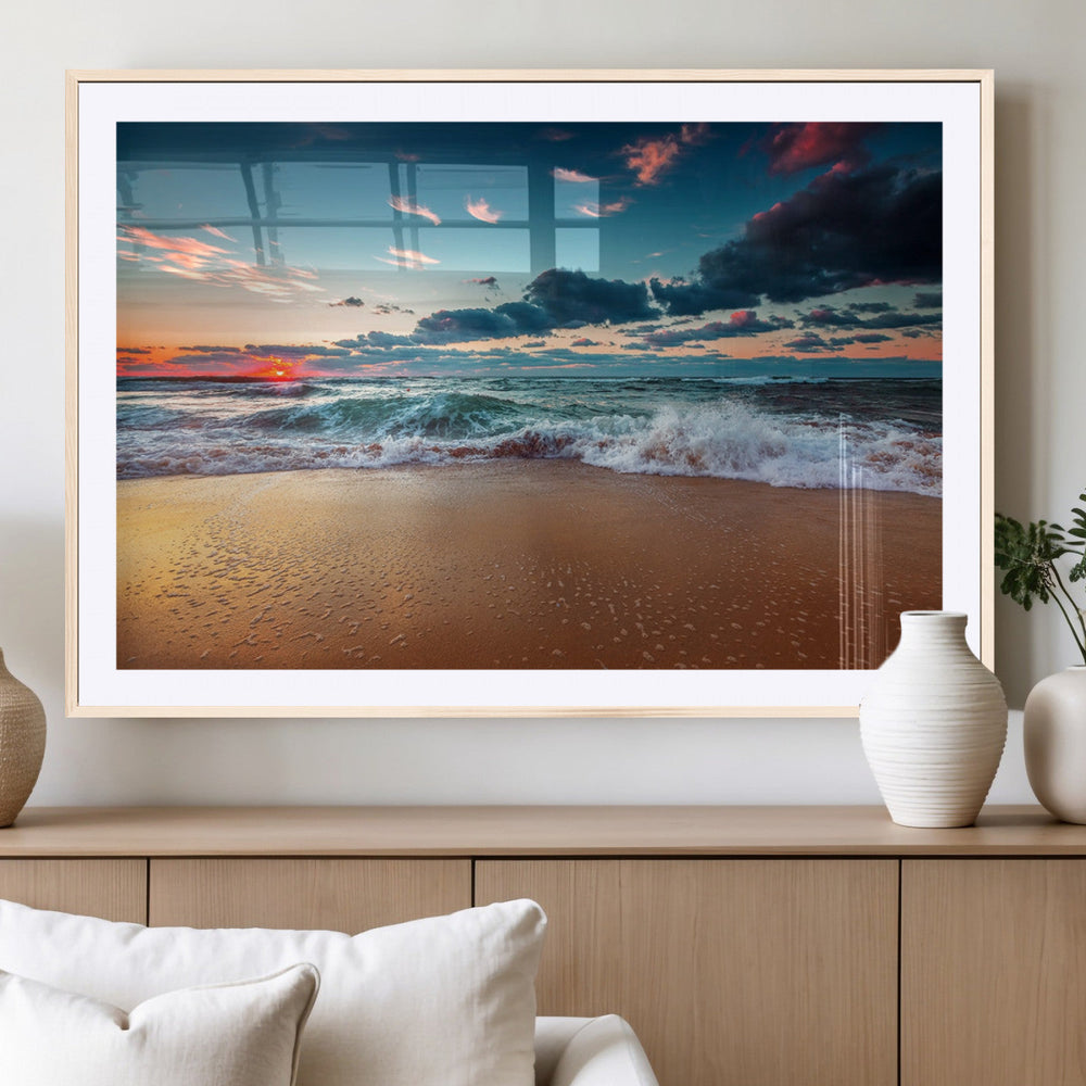 Sunset on Beach Wall Art Ocean Beach Canvas Print