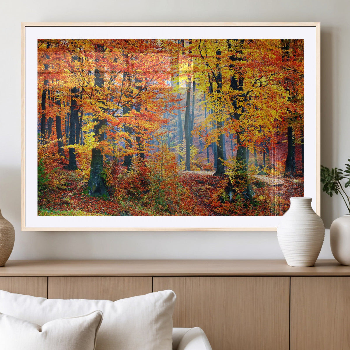 Autumn Red Forest Triptych Canvas Wall Art Print, Forest