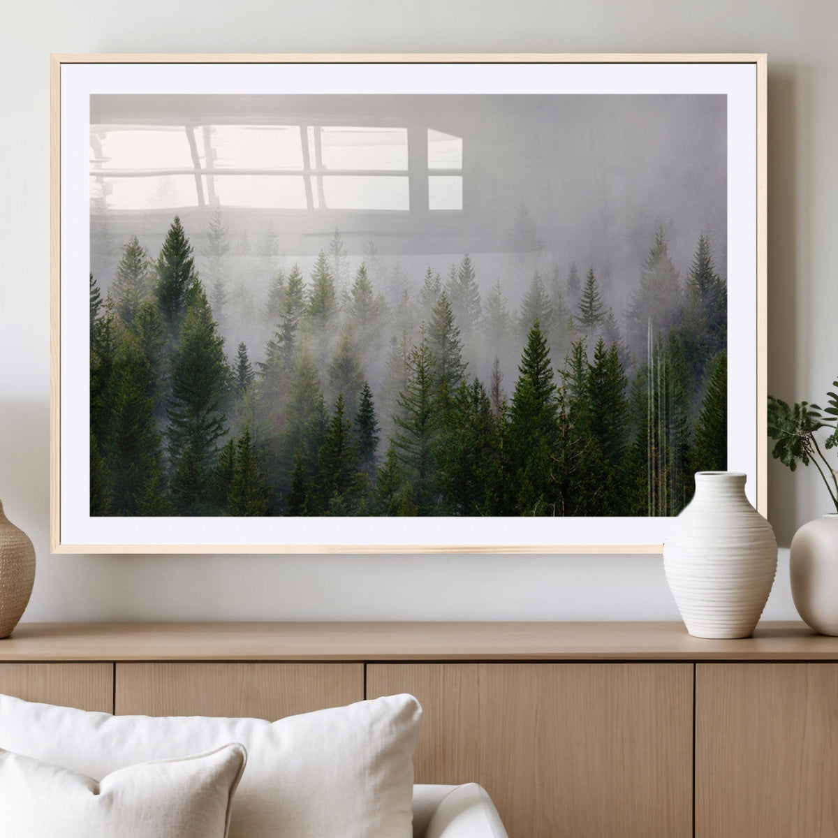 Misty Pine Forest Wall Art Canvas Print | 3 Panel Green