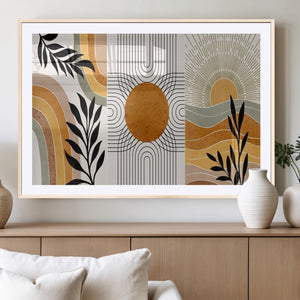 Modern Boho Sun and Leaf Abstract Art – 3-Panel Giclée
