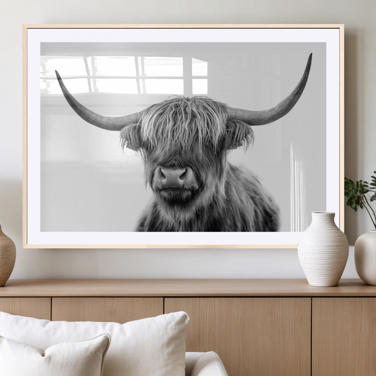 Grayscale Scottish Highland Cow Cattle Art Print Farmhouse