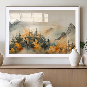 Abstract Watercolor Mountains and Trees Autumn Art,