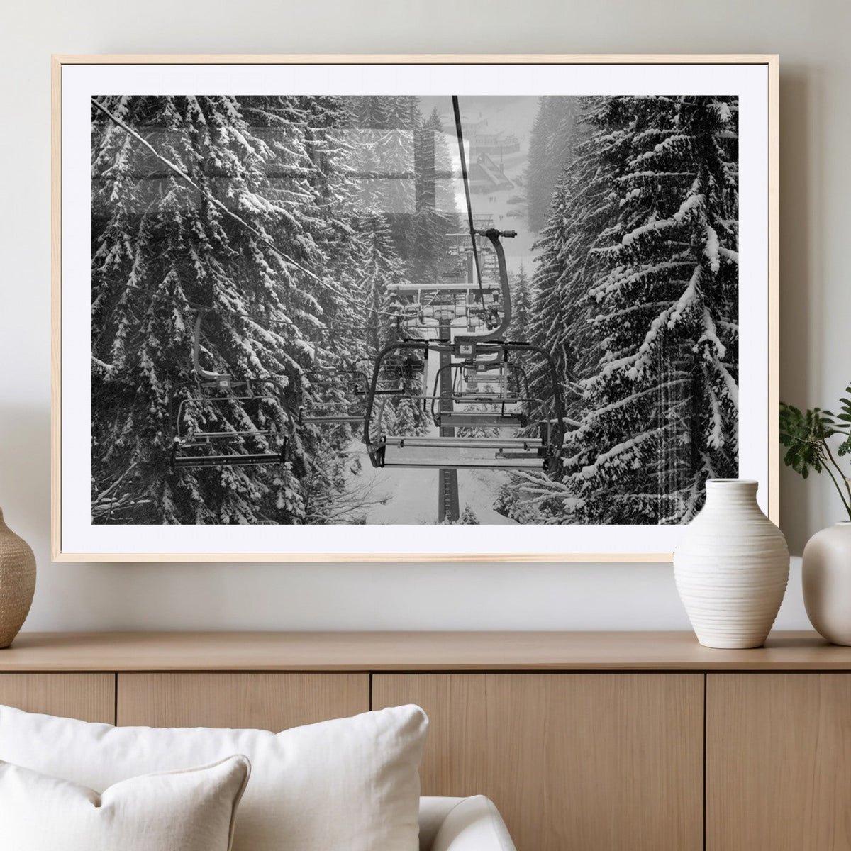 Winter Ski Lift Black and White Canvas Wall Art – Alpine