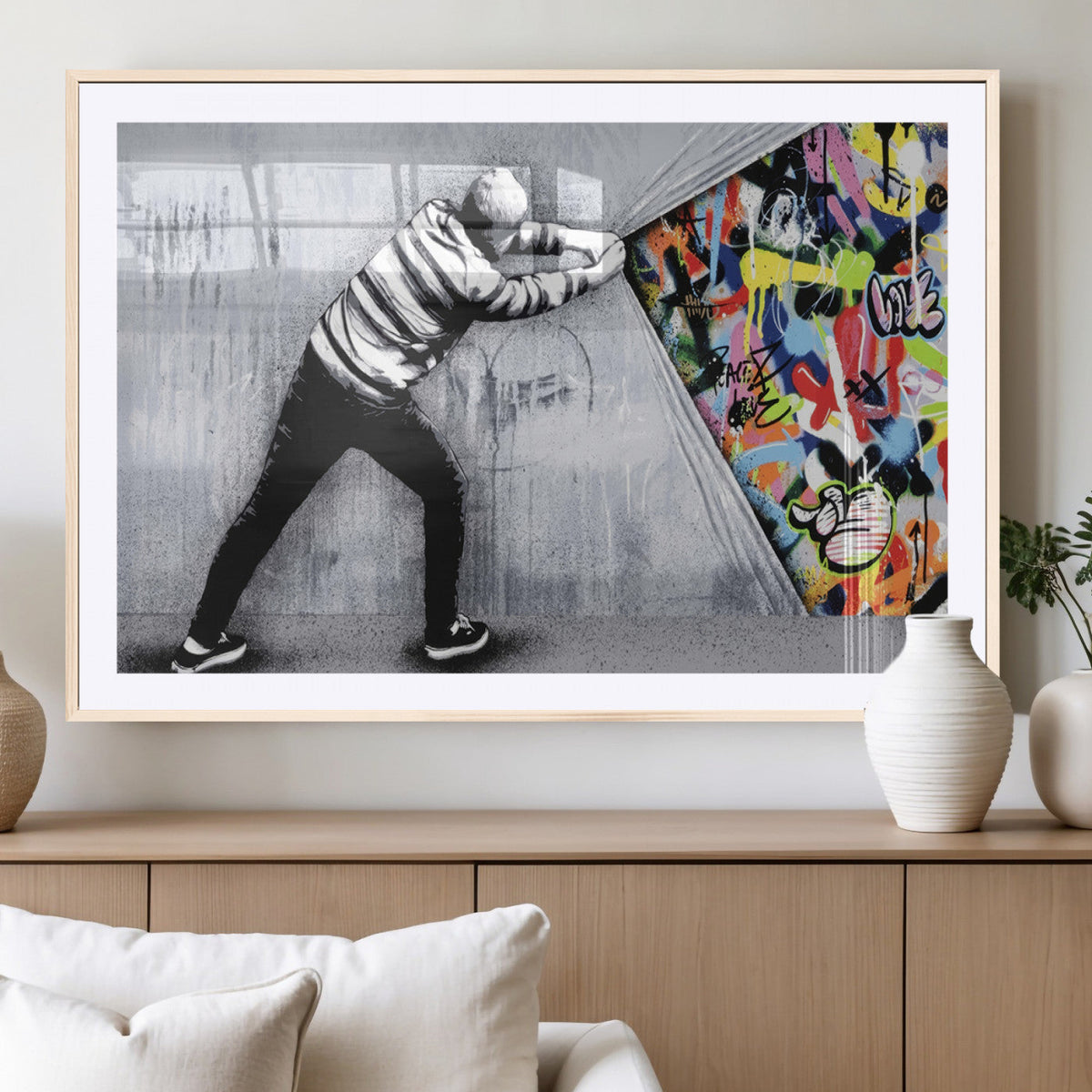Banksy Art Behind the Curtain Street Wall Art Canvas Print |