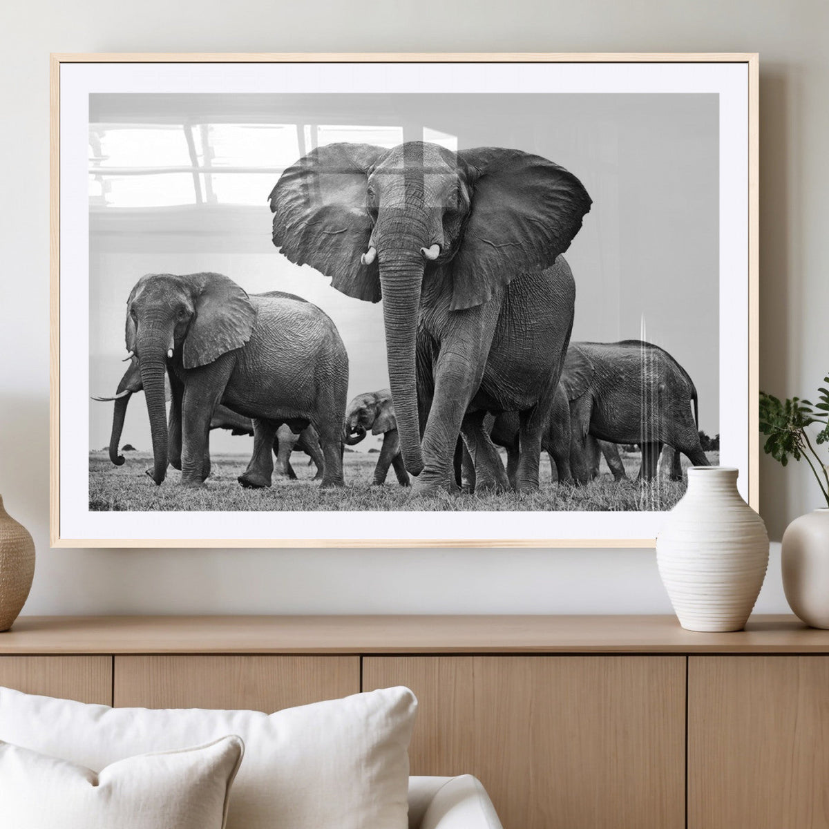 Black White Elephant Family Wall Art Canvas Print