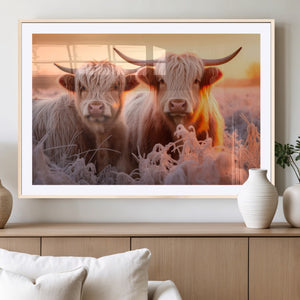 Highland Cows at Sunrise Wall Art Canvas Set – Serene and