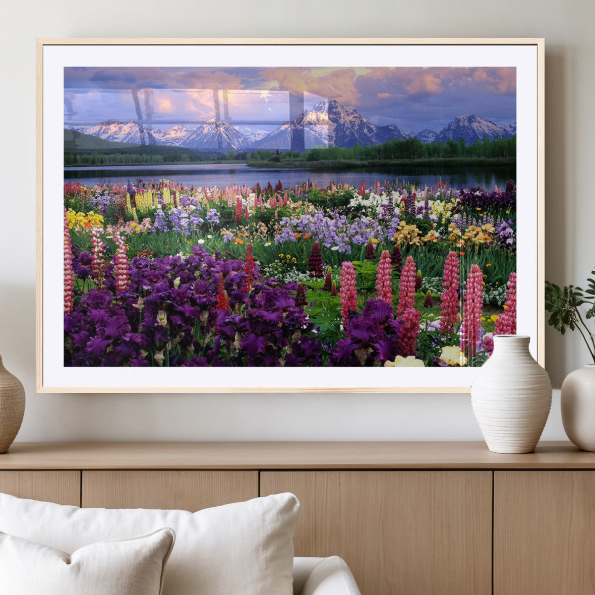 Vibrant Wildflower Garden and Mountain View Giclee Canvas