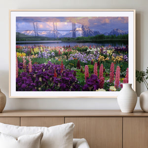 Vibrant Wildflower Garden and Mountain View Giclee Canvas