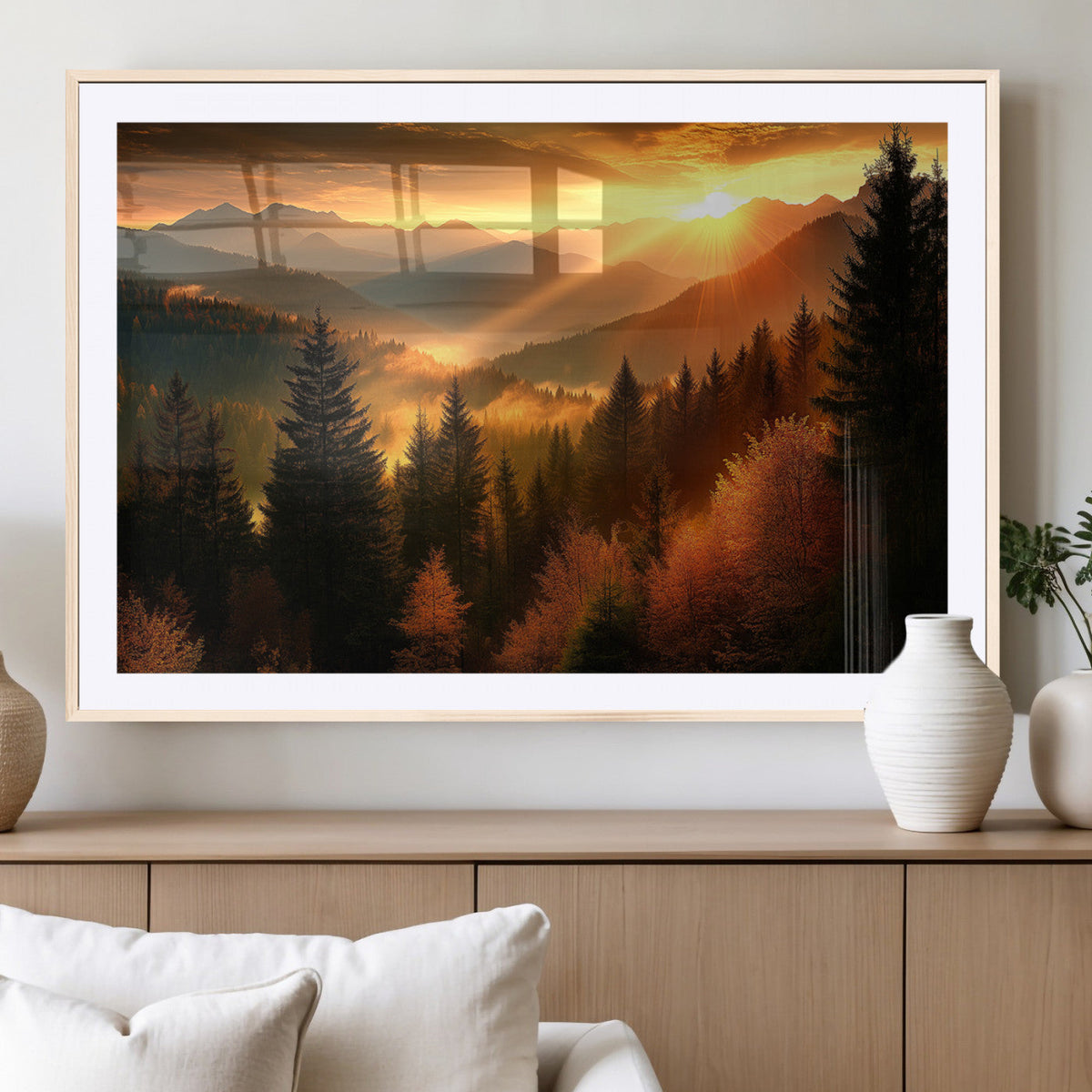 Golden Sunset Over Mountain Forest Canvas Wall Art Print -