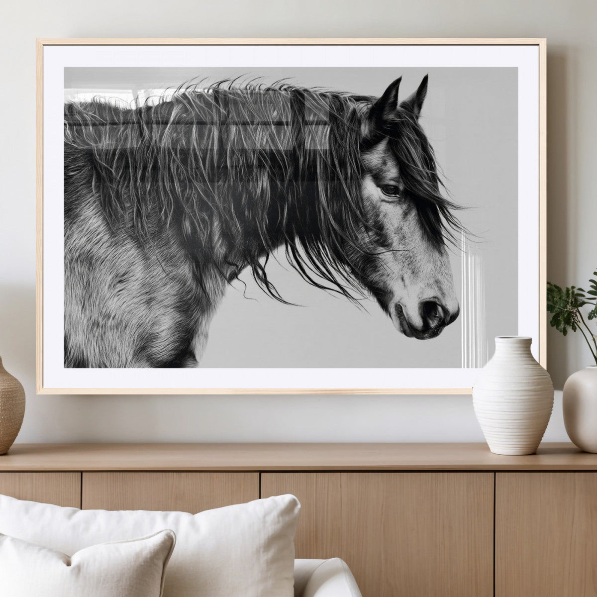Majestic Horse Wall Art – Framed Black White Portrait Canvas