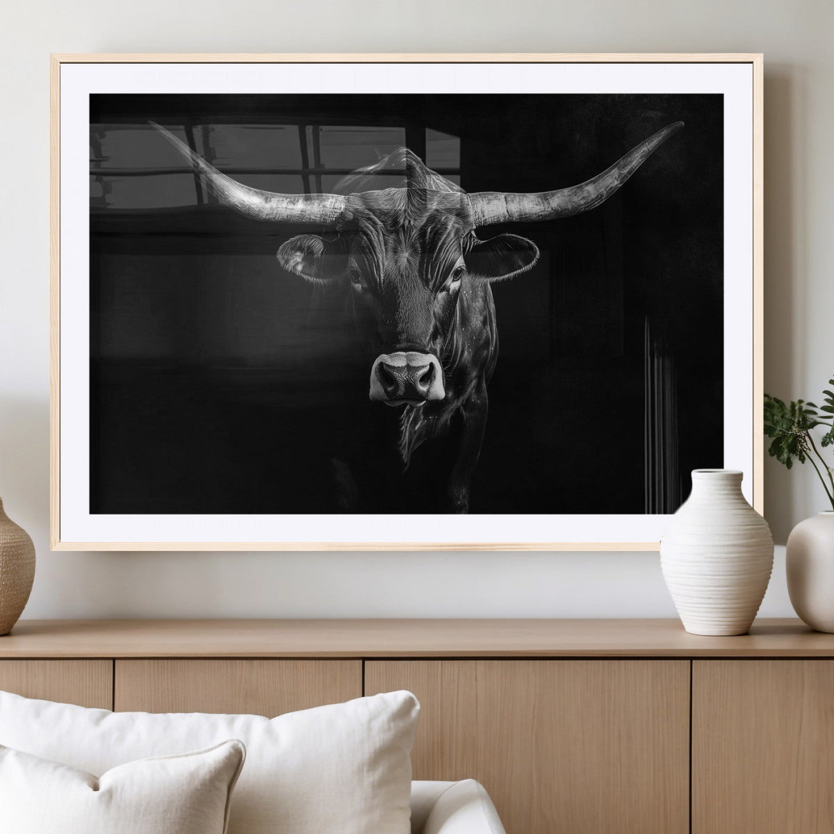 Texas Longhorn Wall Art Canvas Print – Framed Monochrome