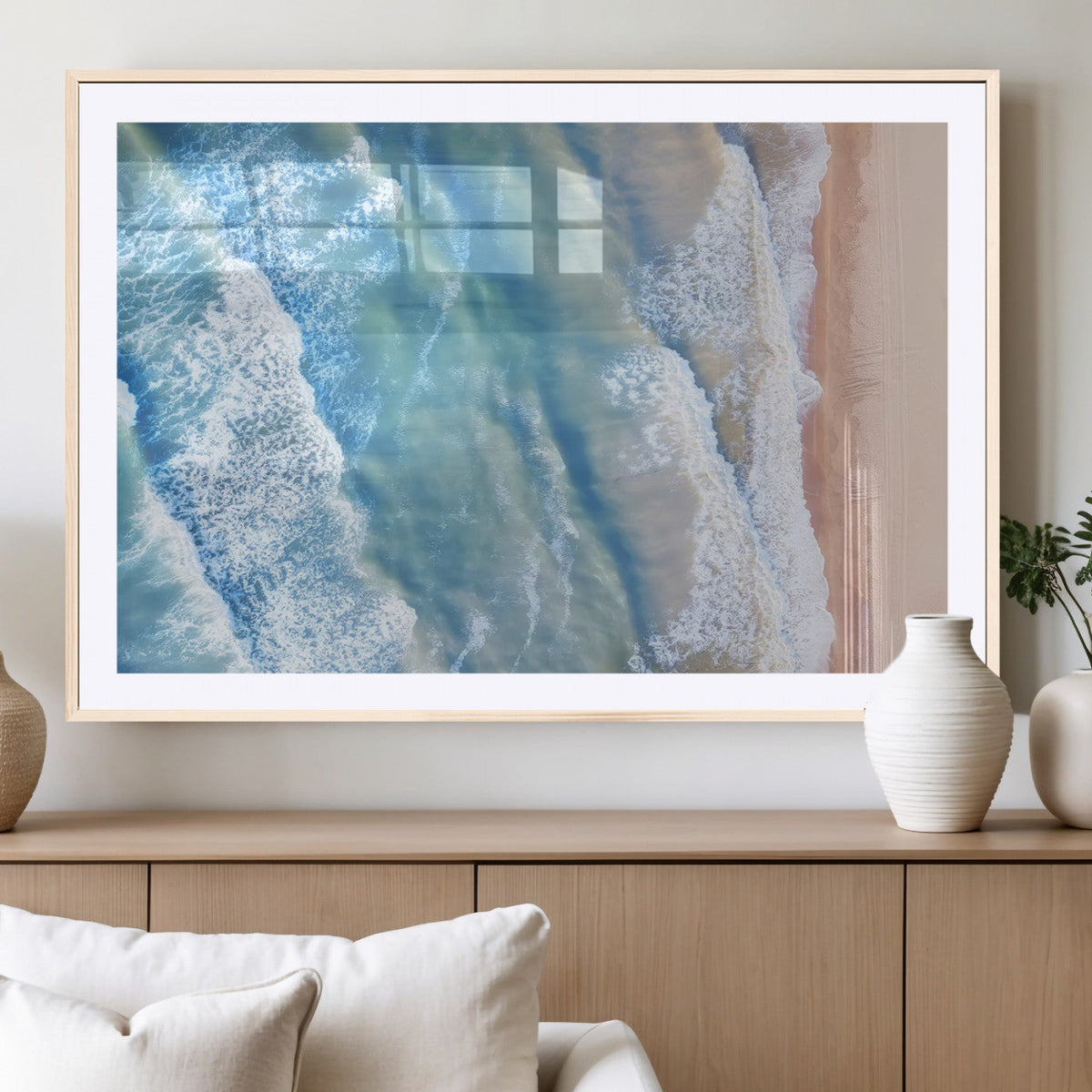 Aerial Ocean View Wall Art Canvas Print – Framed Soft Blue
