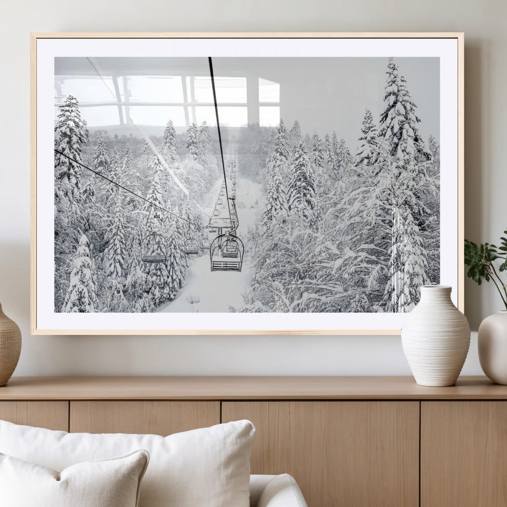 Snowy Ski Lift Wall Art – Framed Winter Mountain Canvas
