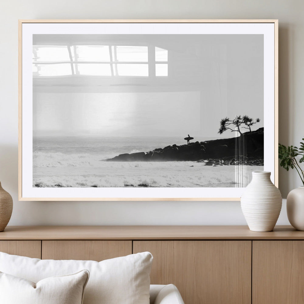 Surfer Cliffs Wall Art Canvas Print – Framed Black White