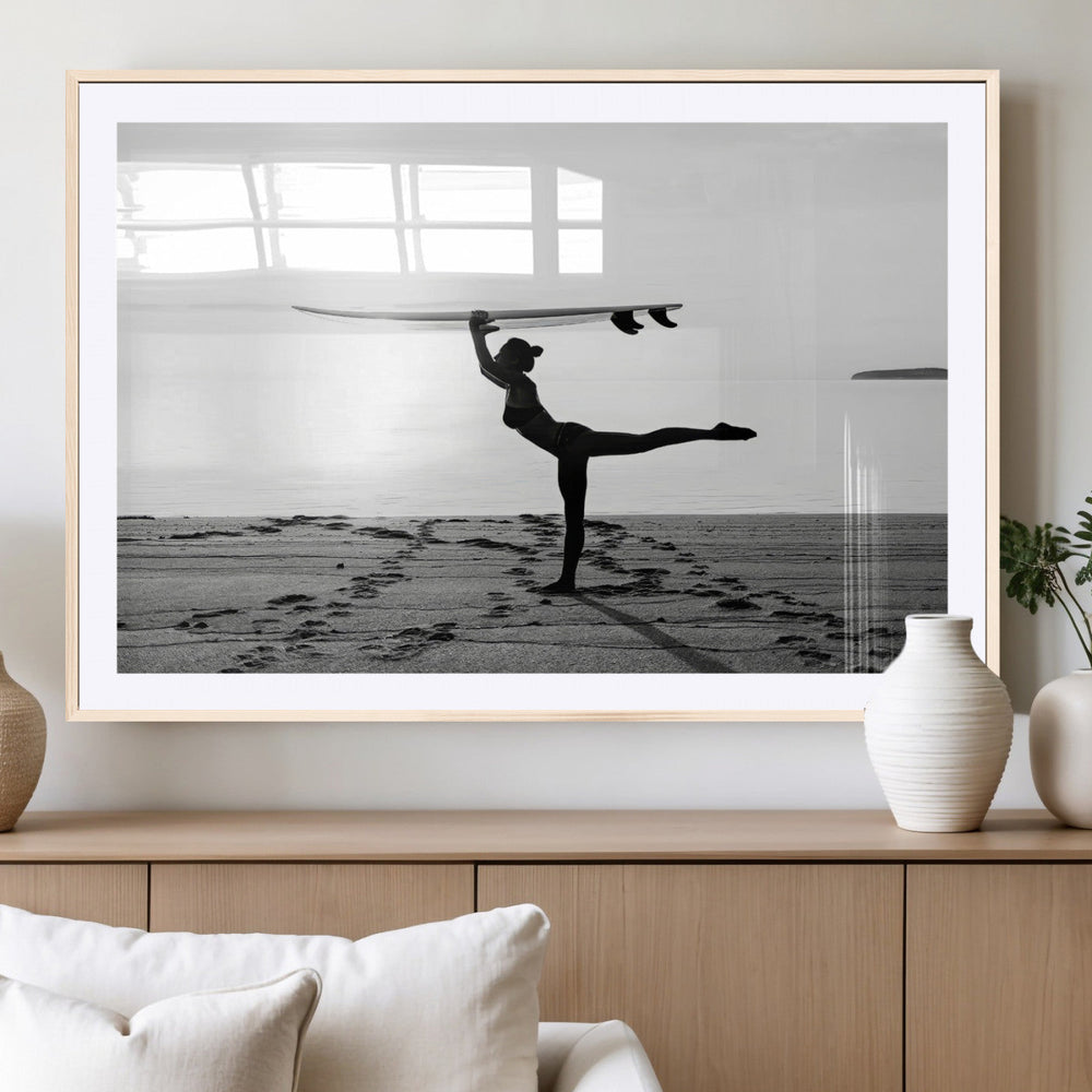 Yoga Surf Wall Art Canvas Print – Framed Black White Shore