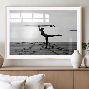 Yoga Surf Wall Art Canvas Print – Framed Black White Shore