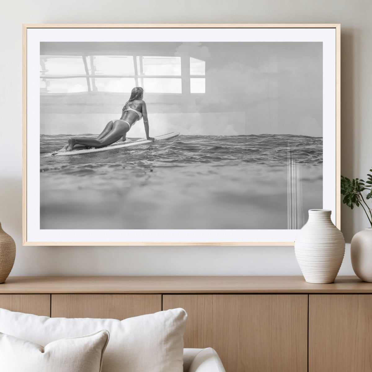 Black and White Surfing Wall Art Canvas Print – Framed Ocean