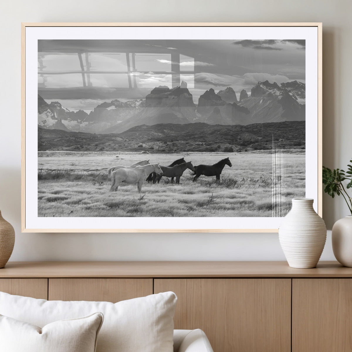 Wild Horses Wall Art Canvas Print – Framed Black and White