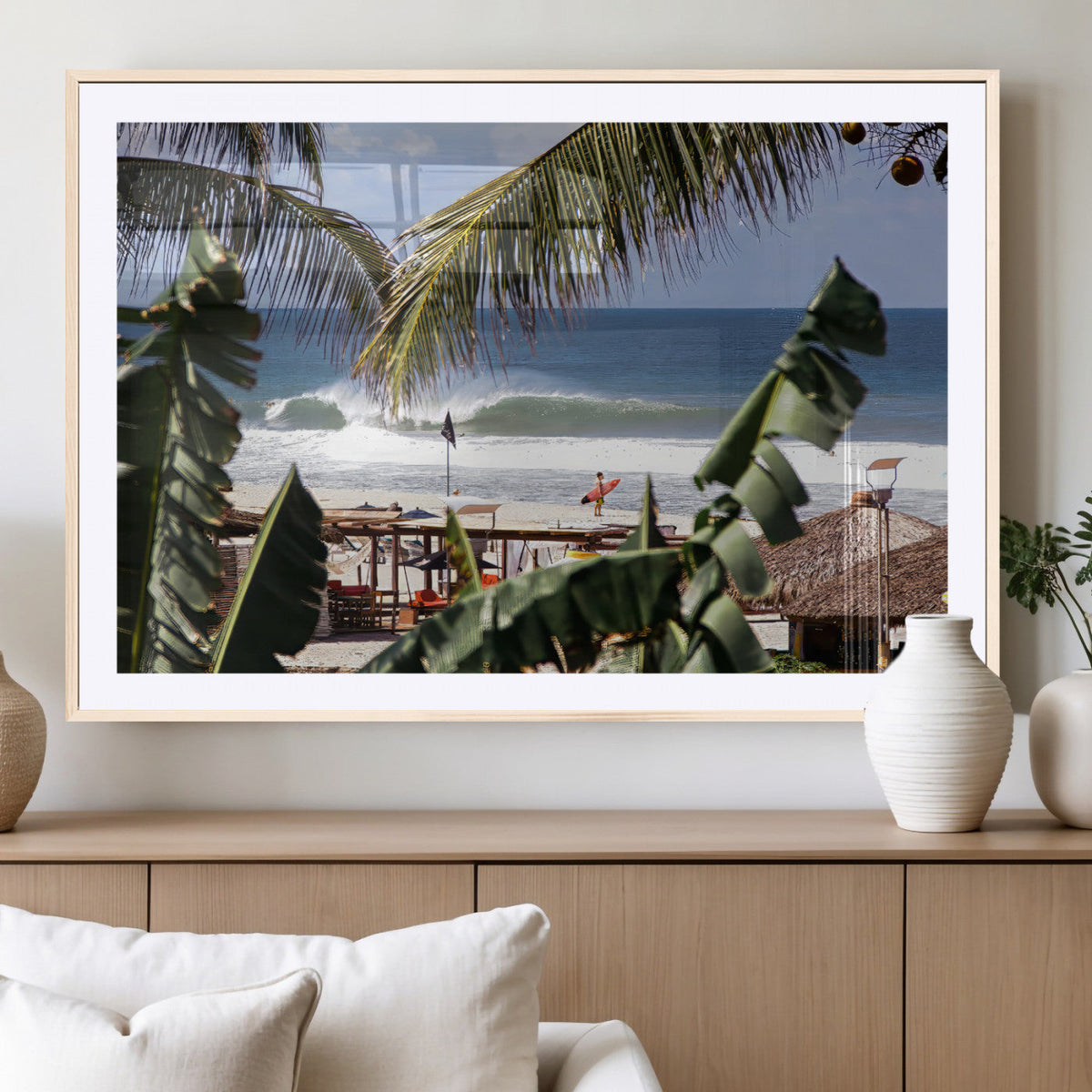 Tropical Shoreline Wall Art Canvas Print – Framed Surfer