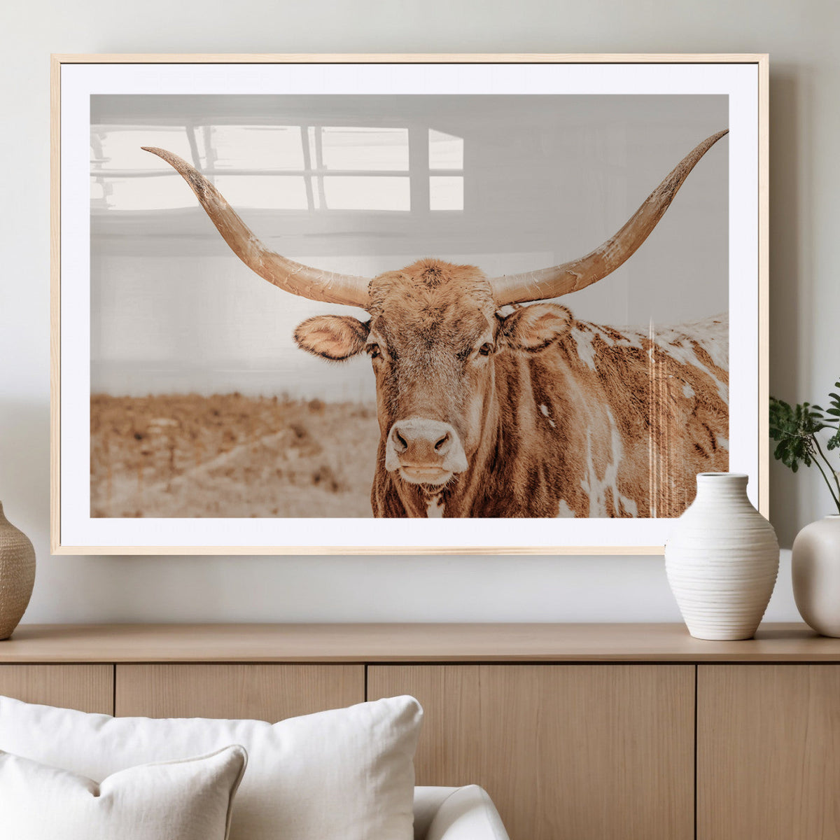 Texas Longhorn Wall Art Canvas Print – Framed Sepia Cow Art