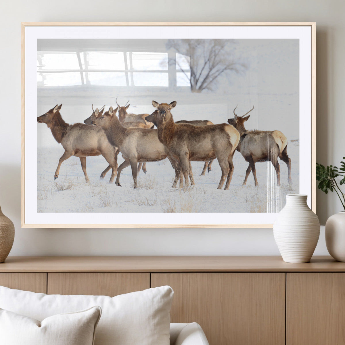 Winter Elk Scene Wall Art Canvas Print – Framed Wildlife