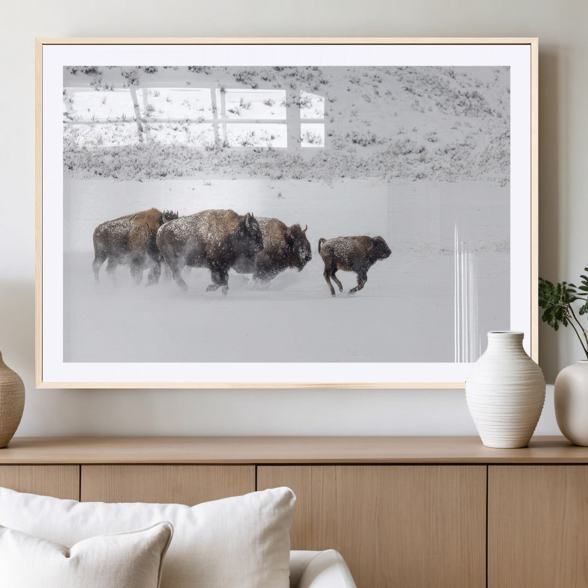 Bison Herd Decor Wall Art Canvas Print – Framed Snowy Bison