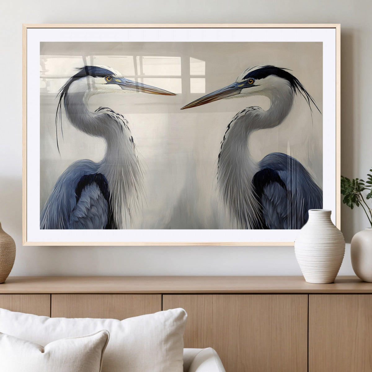 Blue Heron Pair Wall Art Canvas Print, Framed Coastal Bird
