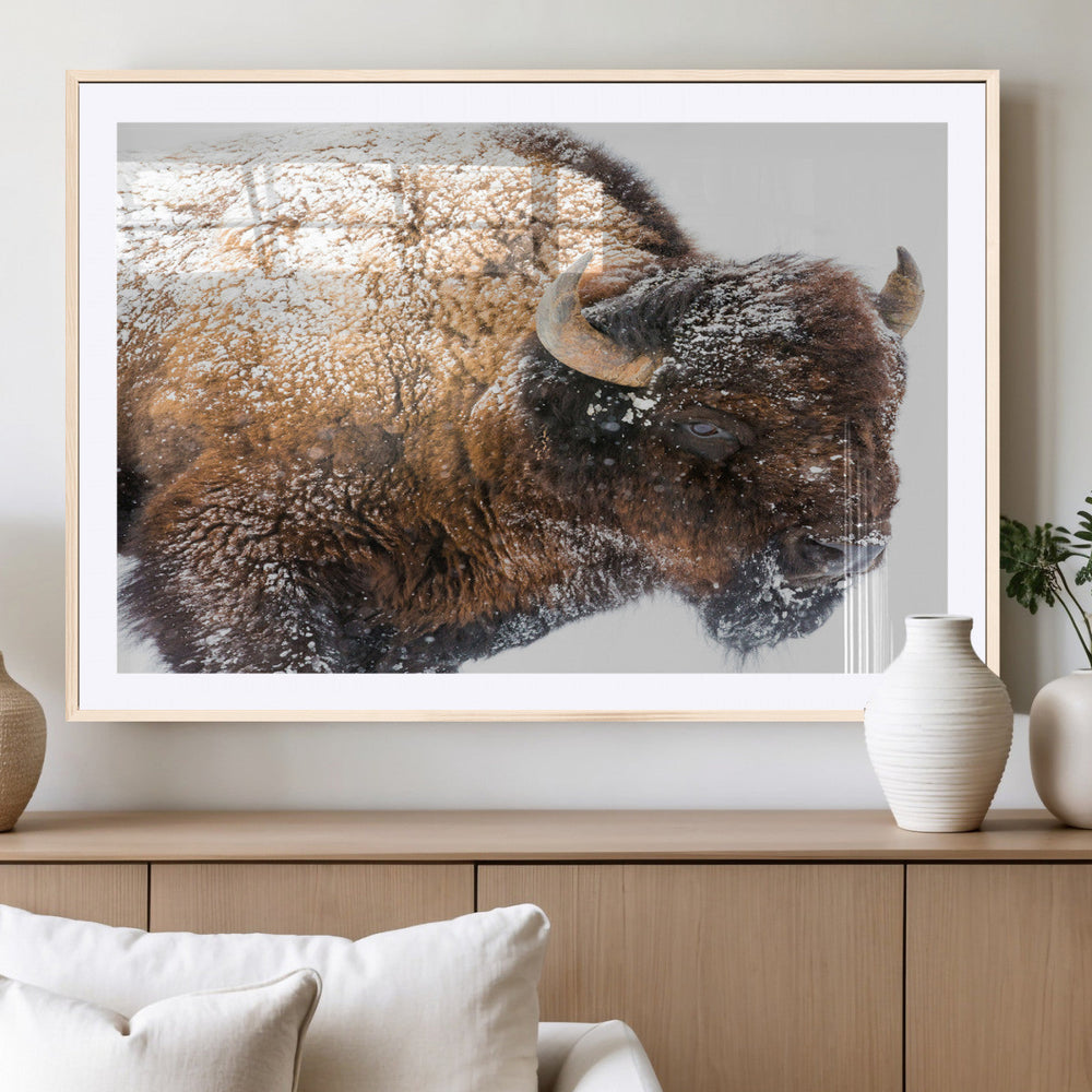 Snowy Buffalo Wall Art Canvas Print – Framed Rustic Lodge