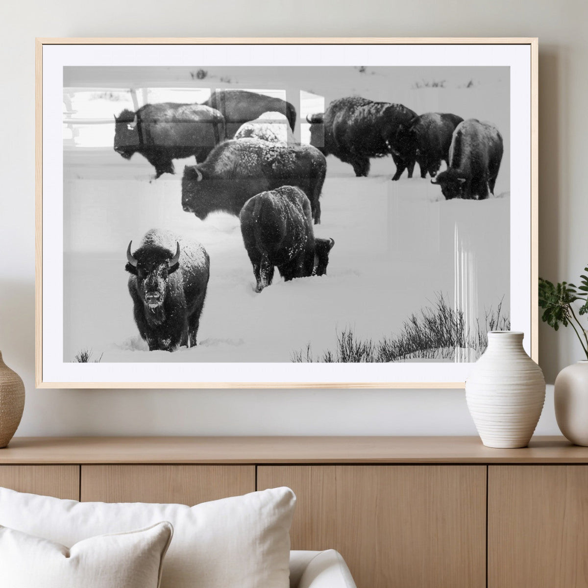 Buffalo Herd Wall Art Canvas Print – Framed Black and White