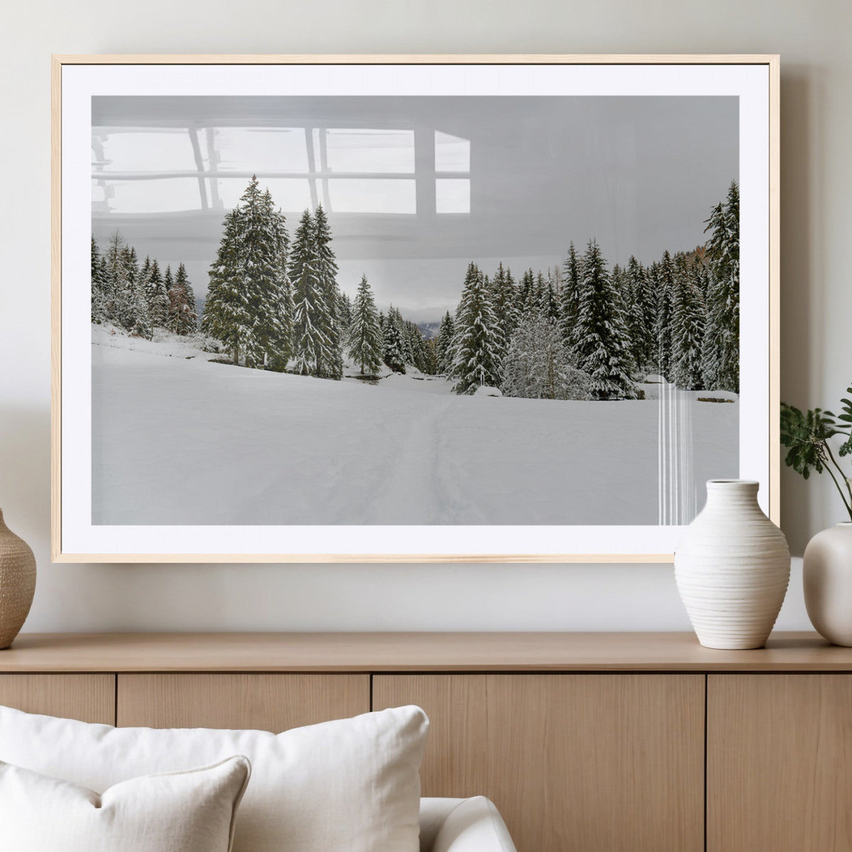 Frosty Pines Wall Art Canvas Print – Framed Silent Snowfall