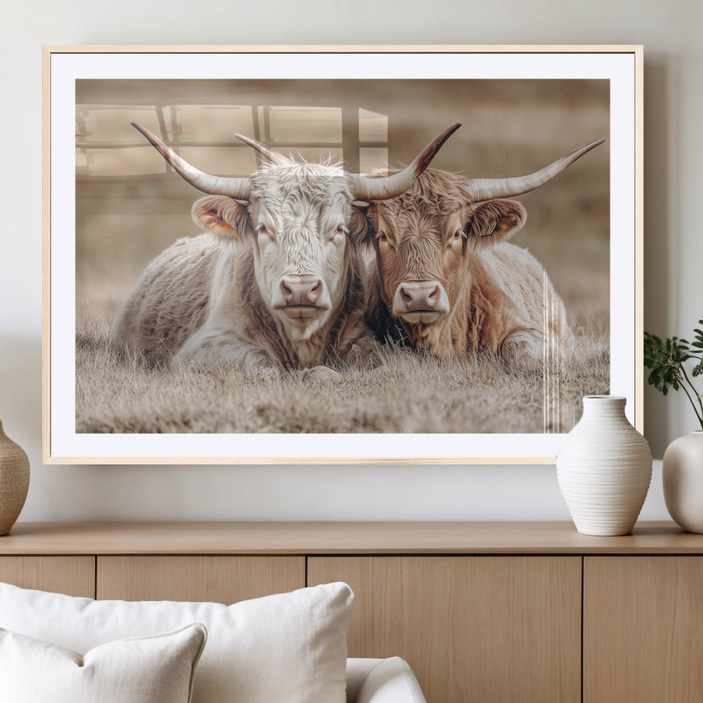 Couple Highland Cows Wall Art Canvas Print – Peaceful Meadow
