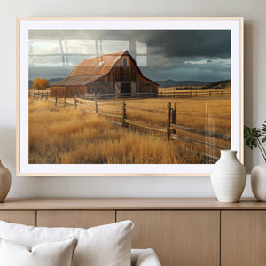 Golden Sunset Barn Wall Art Canvas Print, Rustic Autumn Farm