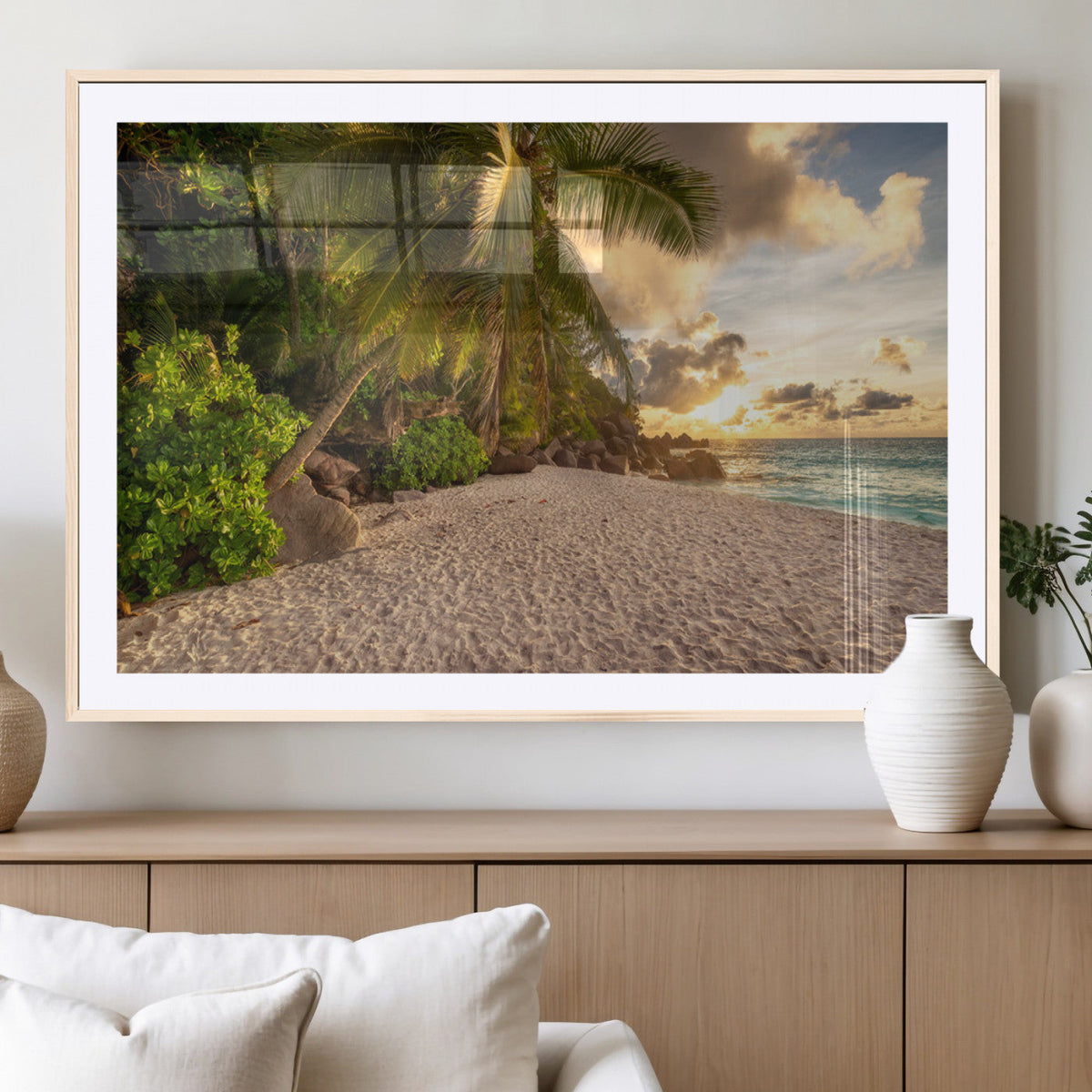 Tropical beach sunset, palm trees, white sand, ocean waves,