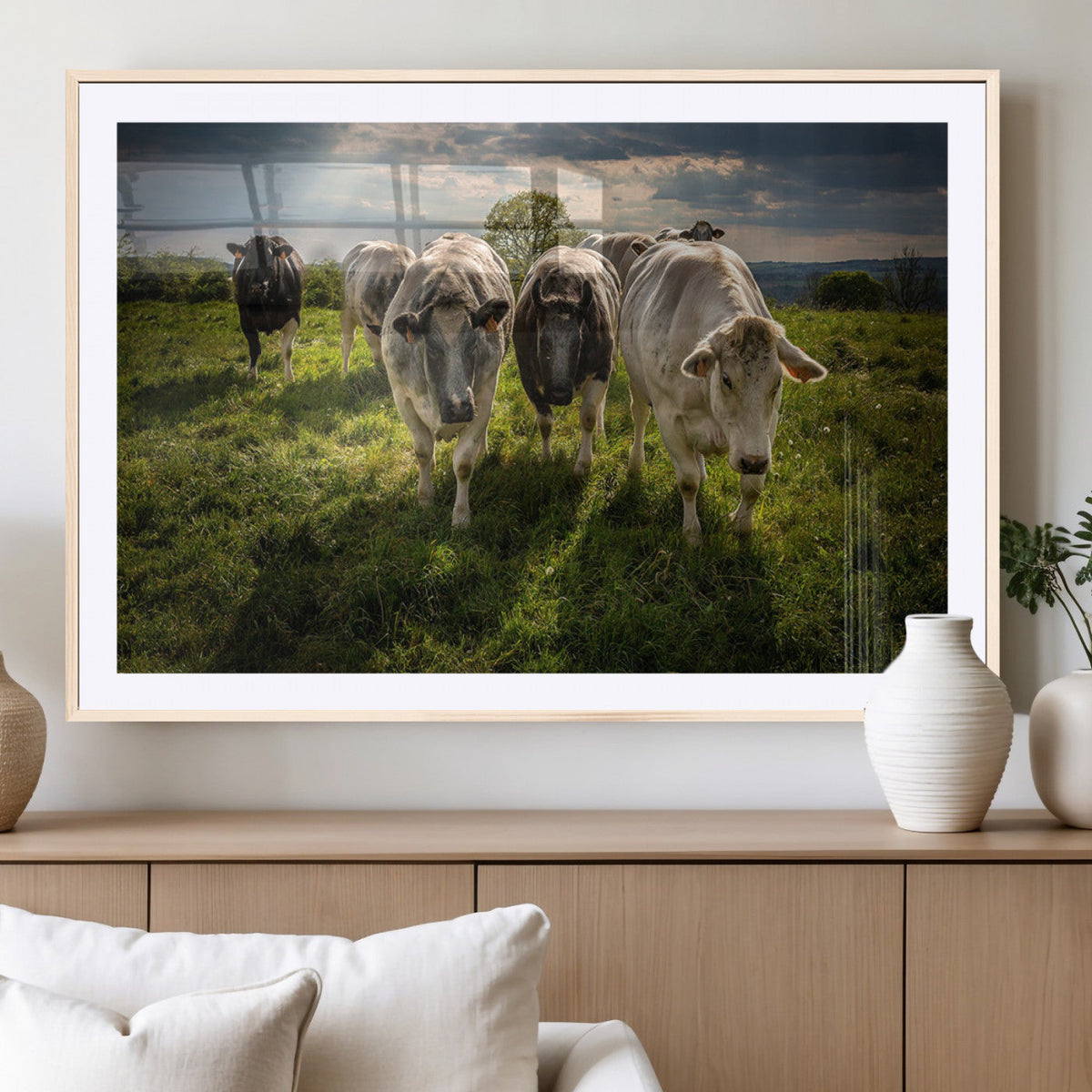 Grazing Cattle Herd Wall Art, Green Pasture Livestock Canvas
