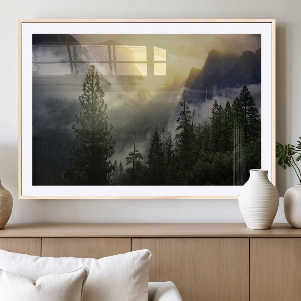 Misty Mountain Valley Wall Art Canvas Print, Golden Sunrise