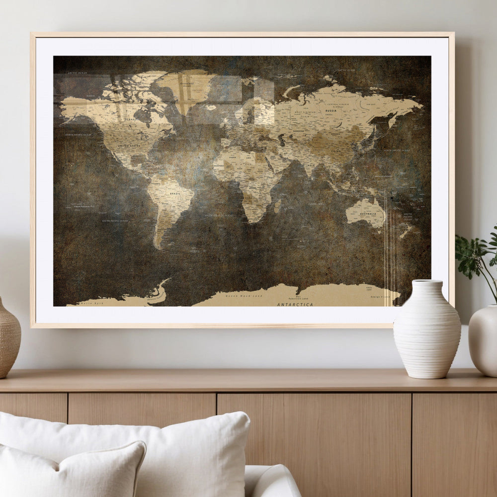 Large Framed Vintage World Map Wall Art Print for Home Wall