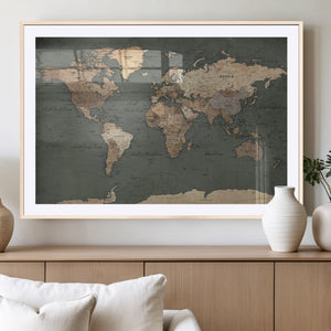 Rustic Black and Wood World Map Canvas Wall Art – Framed