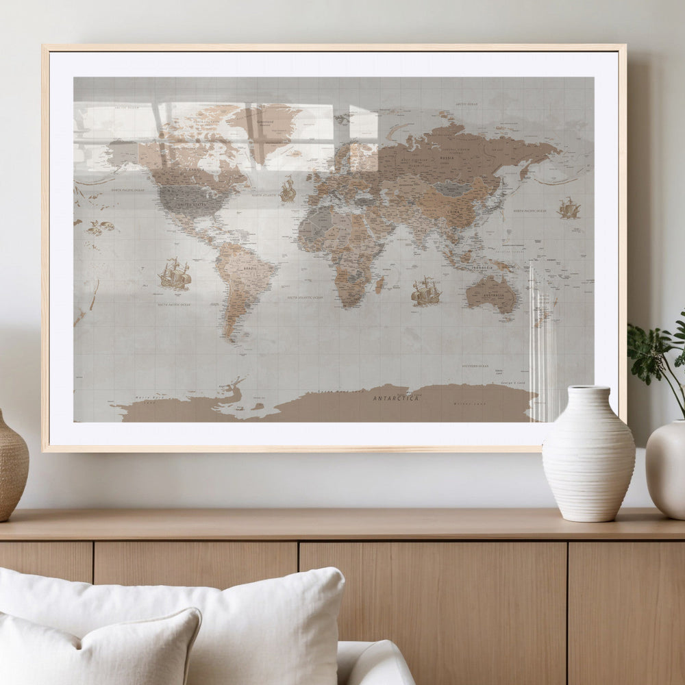 Framed Large World Map Canvas Print for Office Decor