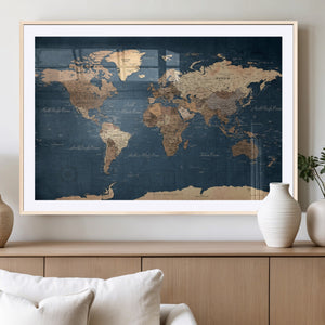 Navy Blue World Map Canvas Print – Framed Travel Map Wall