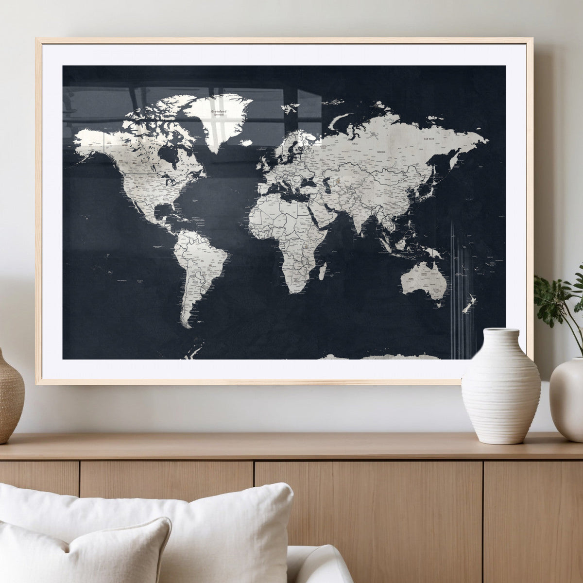 Black World Map Wall Art Canvas Print for Home Office and