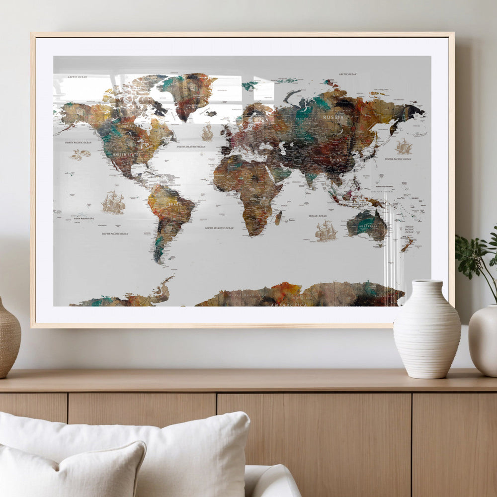 Watercolor World Map Canvas Print – Detailed Map of the