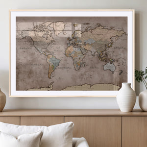 Grunge World Map Canvas Wall Art - Vintage Aged World Map