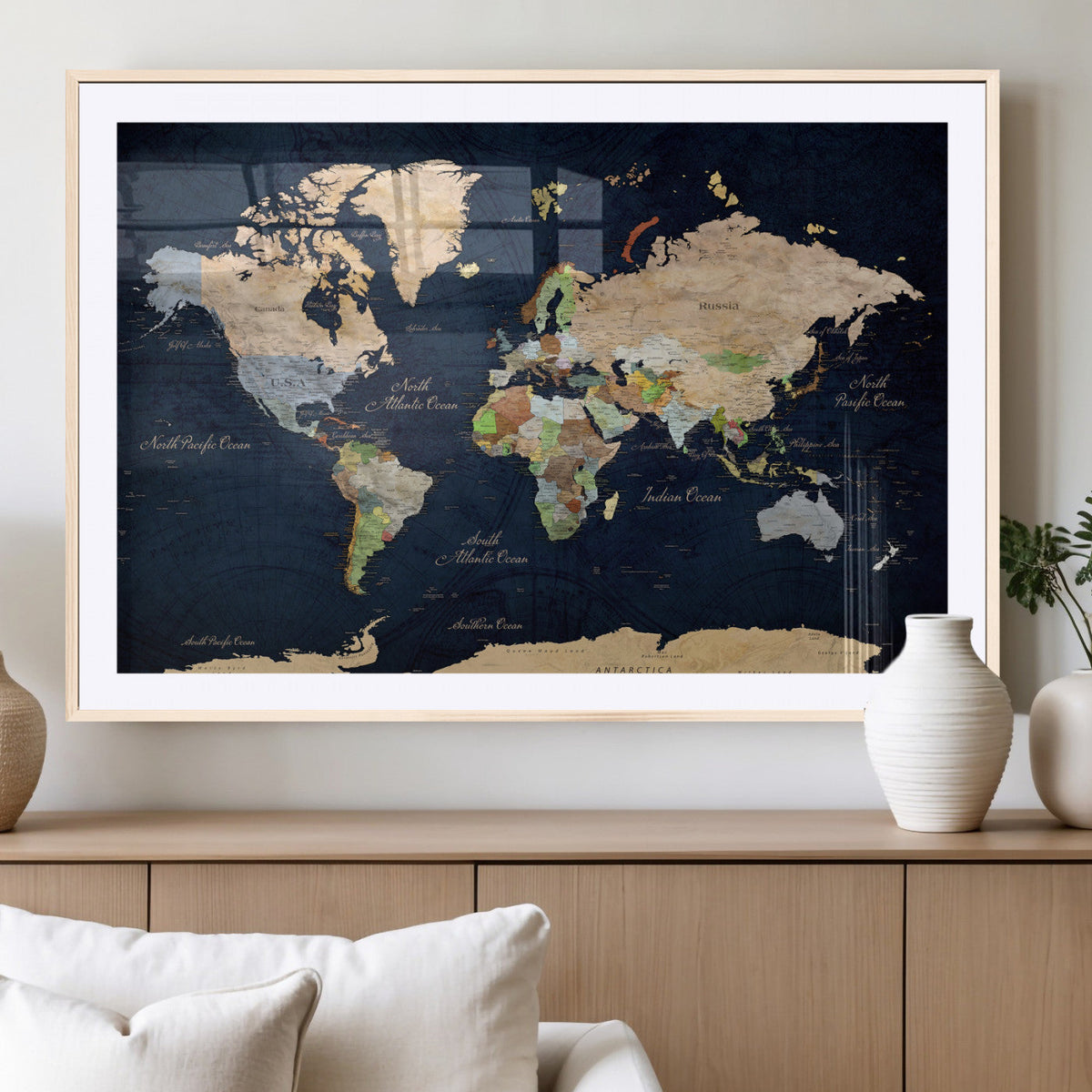Minimalist World Map Canvas Wall Art - Watercolor Blue and