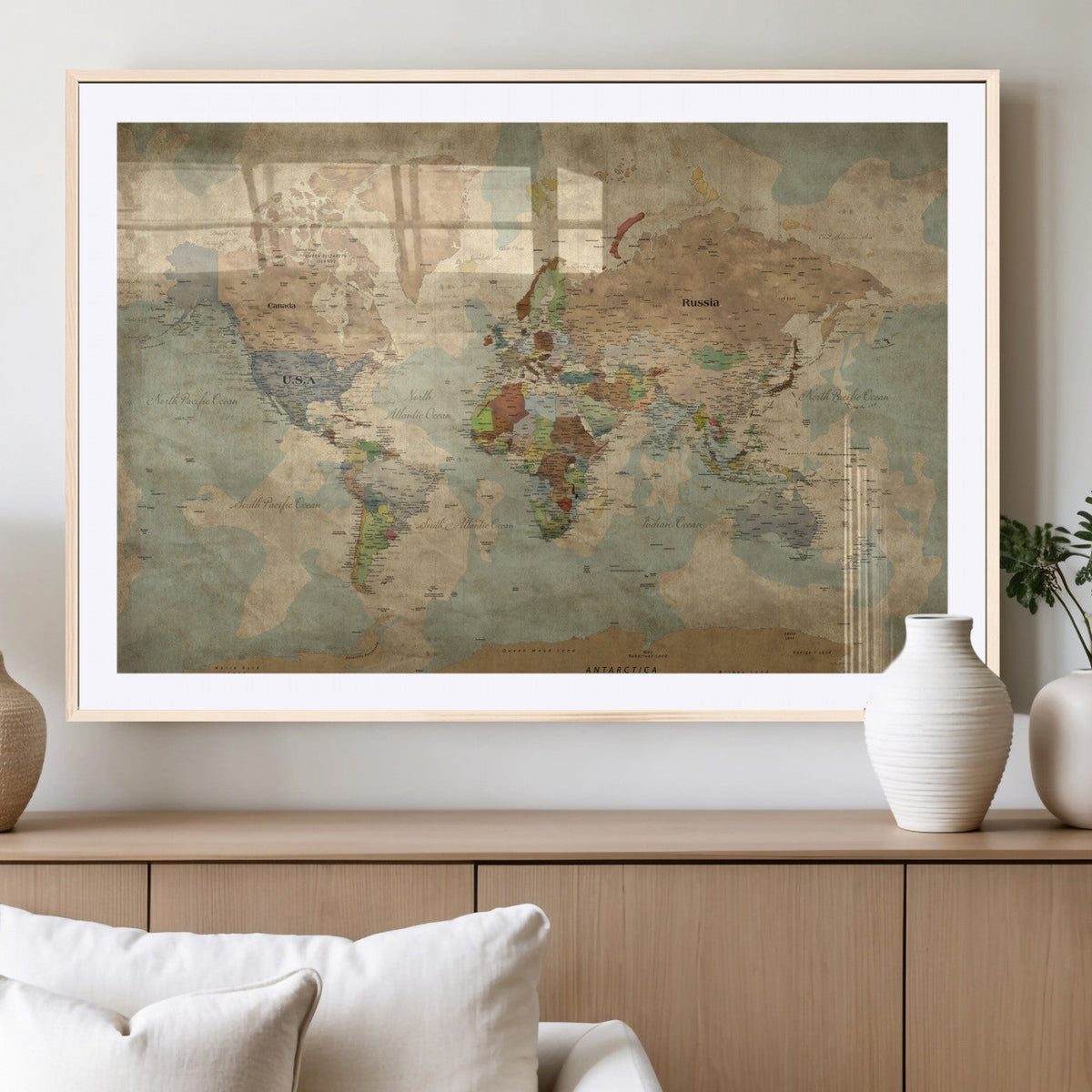World Map Wall Art Canvas Print, Rustic Map Print, Framed